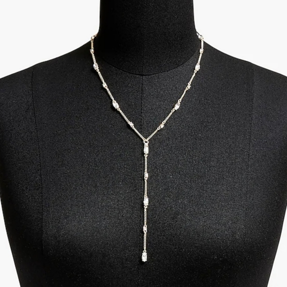 J. CREW Crystal Lariat Necklace Marquee Rhinestones 14K Gold Plated CZ NWT
